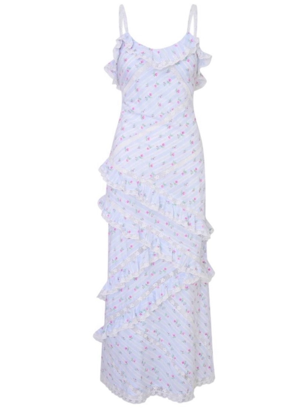 LoveShackFancy Nocelle Cotton Floral Ruffle Maxi Dress in Coastline Blue Size 14